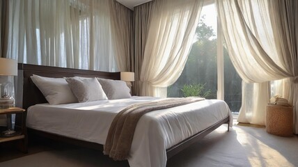 Soft morning light filtering through sheer curtains onto a neatly made bed.