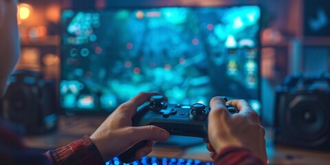 Gamepad in the hands of a gamer on a technological background. Neon lighting. Video games online with friends, winnings, prizes, fun entertainment, youth culture, virtual reality. - obrazy, fototapety, plakaty