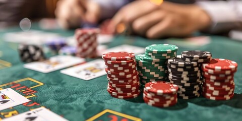 Fototapeta premium The croupier at the gaming table in the casino, raises bets with chips. Gaming business black jack, poker. With space for design.