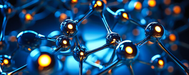 Abstract close-up of a molecular structure in blue hues, depicting the intricate complexity and connectivity of scientific molecular research