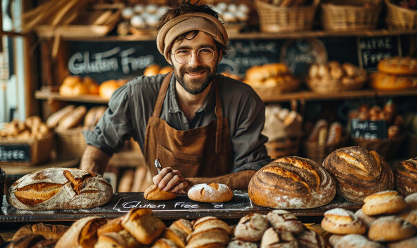 Bakery owner writing Gluten Free on a chalkboard with wheat illustration, promoting healthy dietary options in a rustic bread shop