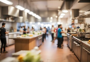 Blurred image of a bustling kitchen, generative AI