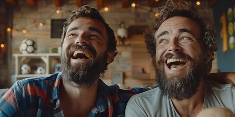 Obraz premium Multiethnic men having fun and clinking with beer bottles when celebrating victory of sport team