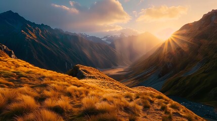 Vibrant sunset mountain landscape: majestic peaks aglow in nature's beauty - obrazy, fototapety, plakaty