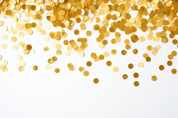 Golden confetti on white background. Festive, party or holiday glitter backdrop