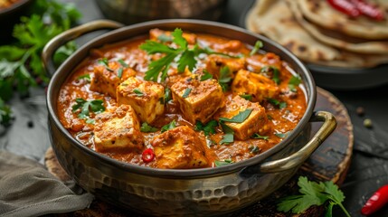 Traditional paneer tikka masala in a brass pot