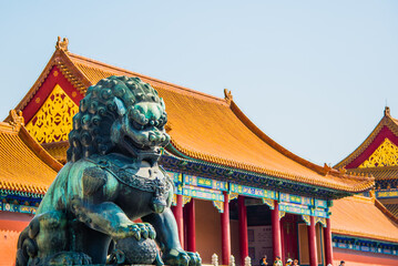 Beijing, China - April 17 2019: A gilded lion in front of the Hall of Mental Cultivation in...