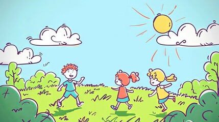 Happy kids playing on the grass- Illustration, cartoon background