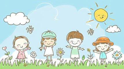 Naklejka premium Happy kids playing on the grass- Illustration, cartoon background