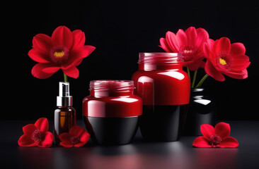 Red jars without inscriptions for shampoo on a white background with flowers in backlight with space for text 