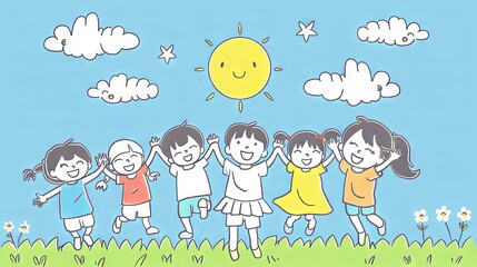 Obraz na płótnie Canvas Happy kids playing on the grass- Illustration, cartoon background