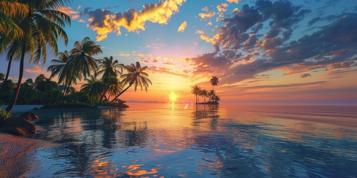 The beauty of a tropical island sunset captured in all its glory, with palm trees swaying gently on the peaceful shore, the calm sea shimmering under the fading light, and the sky painted in a palette