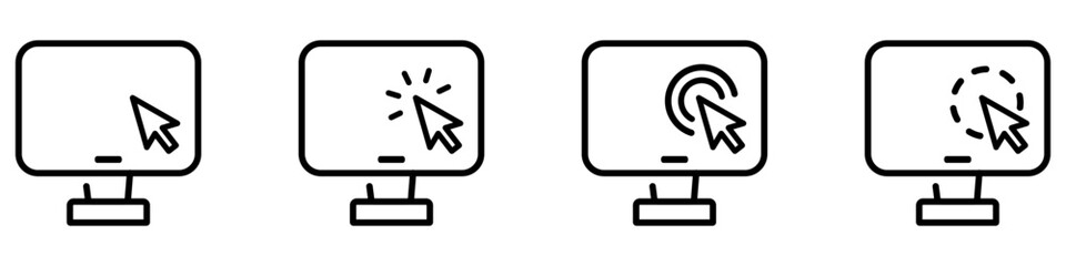 Computer cursor click vector icon set. Arrow mouse on pc display sign. Monitor with pointer symbol. Click to the button sign.