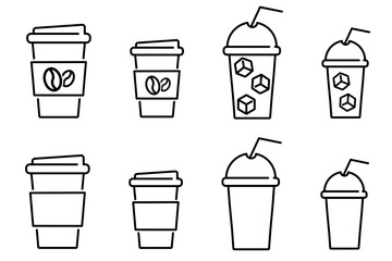 Hot and cold drinks icon set. Paper coffee cup different size sign. Disposable plastic cup with straw for iced coffee symbol.
