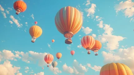 Poster Luchtballon  3D hot air balloons rising in a clear, blue sky