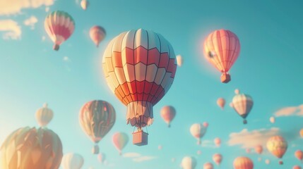  3D hot air balloons rising in a clear, blue sky