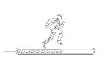 Continuous one line drawing of businessman running on loading bar, working progress concept, single line art.