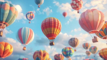 Crédence de cuisine en verre imprimé Montgolfière  3D hot air balloons rising in a clear, blue sky
