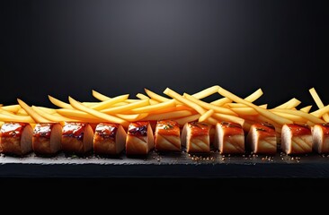 Beef steak cut into portions with french fries on top lie on flat dark dish, black blurred background, banner with space for text