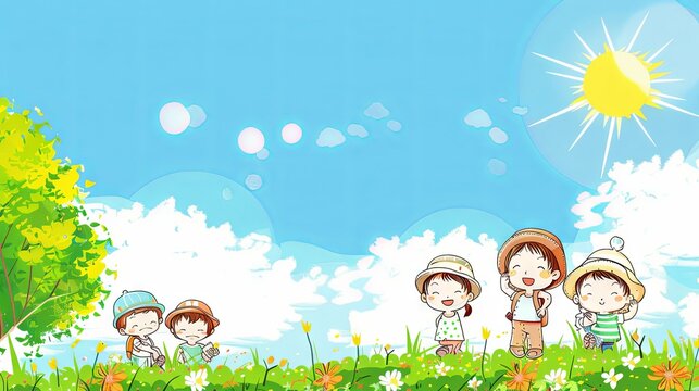 Happy kids playing on the grass- Illustration, cartoon background