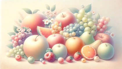 Fototapeta na wymiar Watercolor painting of Fruits, in Pastel Color Tones