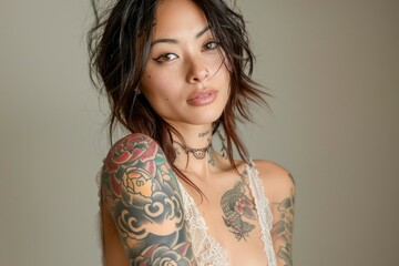 Confident Young Tattooed Woman with Piercings Posing in a Casual Shirt on a Neutral Background, Expressive Modern Lifestyle Portrait