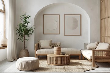 A living room with a white sofa, wooden coffee table and side tables, beige rug on the floor, plants in vases, framed artwork on the wall above the couch, neutral color scheme, cozy atmosphere.