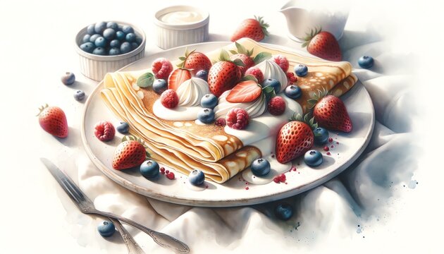 Watercolor painting of Vanilla Berry Crepes