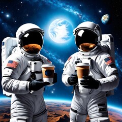 Two astronaut holding coffee cup in space  and stars in background