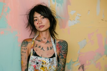 Trendy Young Woman with Tattoos Posing Against Colorful Graffiti Background, Urban Fashion Portrait