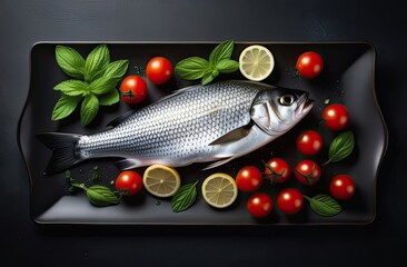 Raw fish whole with shiny scales lying on a rectangular dish with lemon slices, cherry tomatoes and mint leaves, dark background, top view, banner