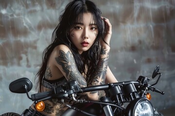 Stylish Young Tattooed Woman Posing with Motorcycle in a Moody Industrial Setting