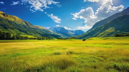 Idyllic summer scene: new zealand's majestic mountain range, verdant fields, and azure sky in the south