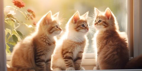 A group of kittens on a window with the sun setting behind them.kittens sit on a window sill.HD wallpaper