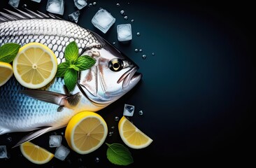 Raw sea fish lying on a black surface among lemon slices and ice cubes, on the left side of the frame, banner with space for text on the right side, top view