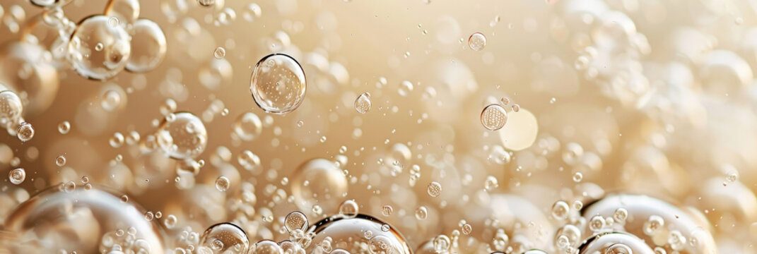 A closeup surface of sparkling wine with bubbles and foam. champagne bubbles, yellow foam texture background,banner