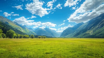 Idyllic summer scene: new zealand's majestic mountain range, verdant fields, and azure sky in the south