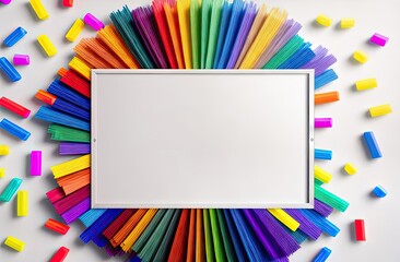 A white blank tablet with space for text lies on multi-colored strips of colored paper, a banner, a flat layout