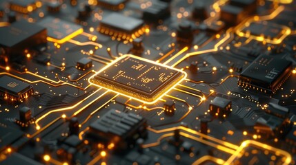 electronic circuit board, electronic gold circuit board close up, golden microcircuit in a motherboard, integrated microchip processor - Powered by Adobe