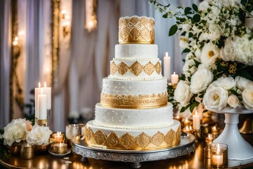 Obraz na płótnie Canvas white wedding cake decorated with golden color designs placed near flowers