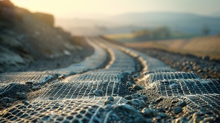 Geo-textile Reinforced Road Construction Showcasing Soil Stabilization Techniques in Industrial Setting - obrazy, fototapety, plakaty