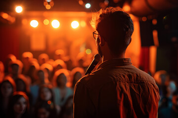 Spectators at a stand-up show. People listen, laugh and applaud while watching a stand-up comedian.