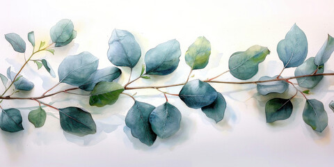 Beautiful watercolor painting of eucalyptus leaves on a branch, botanical illustration of Australian tree foliage
