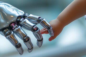 The cyborg's hand carefully touches the child's hand.