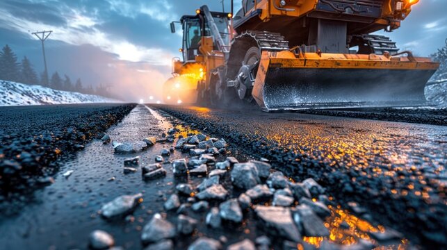 Foundation Layer for Asphalt Pavements: Heavy Machinery Laying Asphalt Concrete Base in Industrial Documentary Style