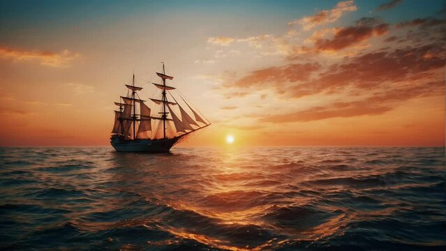 Ship sails on the ocean with a beautiful sunset view background