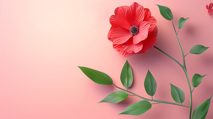 pink flower and green leaves on a light pink background, copy space area