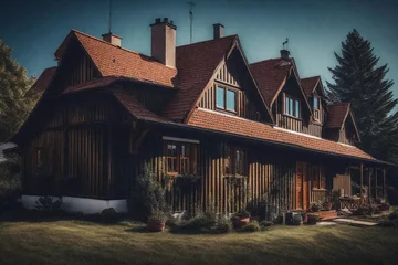 Foto op Plexiglas old elegant house painted with brown colors wit chimneys © Ayan
