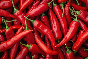 Gordijnen Heap of vibrant red hot chili peppers on black background with word 'chili' written spicy food concept © SHOTPRIME STUDIO