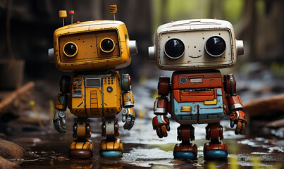 Fototapeta premium Little cute robots on a blurred background.